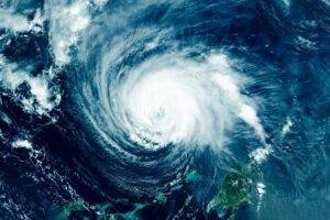 "Satellite view of a massive hurricane swirling over the ocean