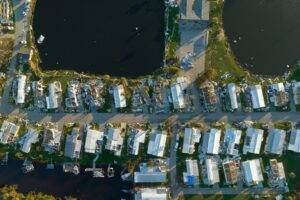 Overhead view of a hurricane-damaged neighborhood in Florida
